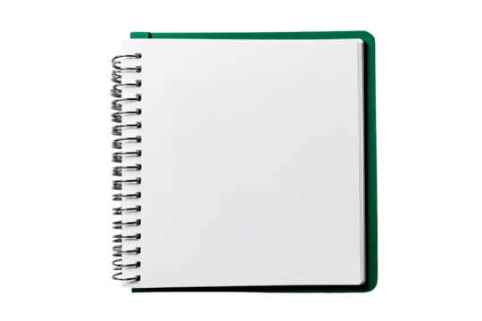 Open green notebook, spiral bound, blank pages detail, cut out transparent