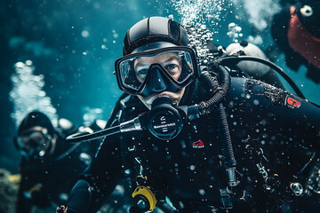 Portrait of a scuba diver underwater, water sport