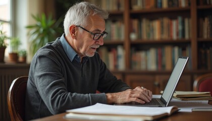 Senior man types memoir on laptop during writing workshop. Elderly author uses computer in library. Focused face, glasses, bookshelf background. Creative process, storytelling. Inspiration.