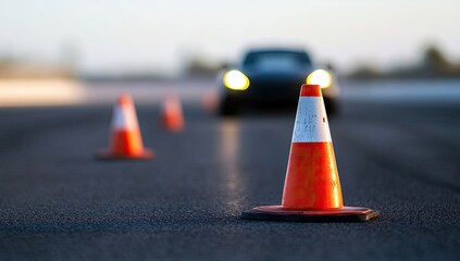 Driving course cones guide a car