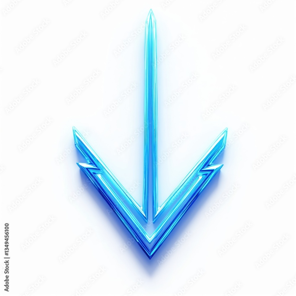 Aufkleber Neon blue arrow points downwards. Illuminated glowing sign, shiny shape. Modern design element. Bright pointer isolated on white background. Digital illustration for UI UX.