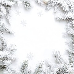 Winter Wonderland Snowy Christmas Frame with Pine Branches and Snowflakes