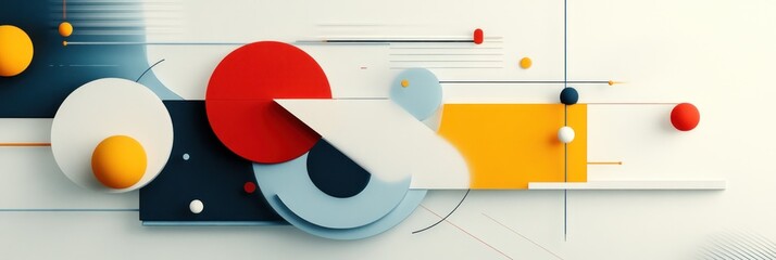 Naklejka premium Abstract geometric artwork featuring overlapping circles, rectangles, and spheres in vibrant colors