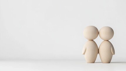 Couple love affair featuring wooden mannequins indoor studio minimalist environment close-up viewpoint