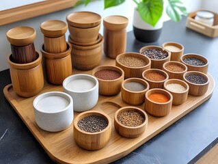 Various Seeds and Grains in Bamboo Bowls Wooden Tray