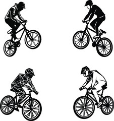 Obraz premium Vector style silhouette of a BMX rider performing a trick, featuring a unique abstract geometric pattern inside the front wheel. High contrast black and-white design, perfect for sports, cycling, and 