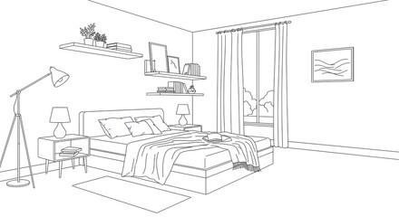 Bedroom Interior Sketch with Bed, Window, and Minimalist D&Atilde;&copy;cor Line Art