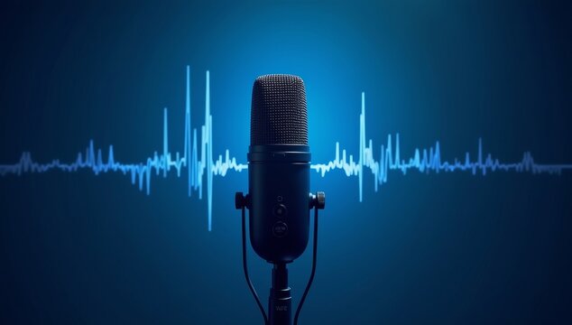 professional microphone with a black mesh grille, illuminated against a solid blue backdrop with a visual representation of sound waves