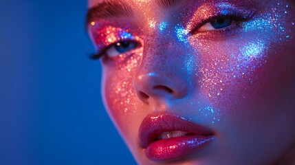Obraz premium A model showcases an intriguing makeup style featuring sparkling glitter and vibrant hues under blue lighting during an artistic nighttime photoshoot. The glimmering details create an ethereal effect