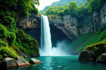 Naklejka premium Emerald Waterfalls cascading down rugged granite walls, waterfalls, botanicals