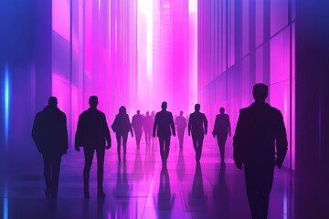 Group of Silhouetted Figures Walking Through Neon-Lit Urban Corridor