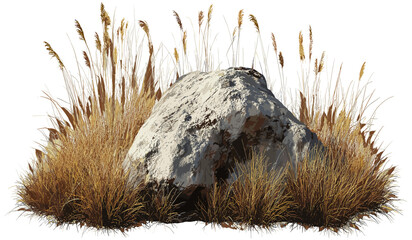 Savanna dry grass field with rock cutout, transparent background PNG, African landscape, nature background, savanna grassland, arid terrain, wilderness, outdoor environment © aura studio