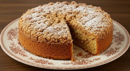 Fototapeta premium Delicious Crumble Cake with Powdered Sugar on Floral Pattern Plate