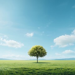 Obraz premium Lone tree with green field, and blue sky.