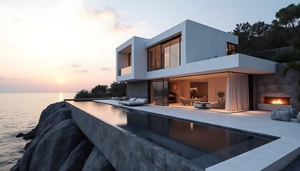 Fototapeta premium Modern Cliffside Villa with Infinity Pool Overlooking the Sunset Ocean