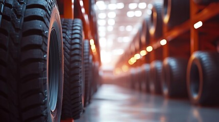 Car Tires in Warehouse, Showcasing the Scale and Efficiency of the Automotive Industry and Vehicle Parts Storage