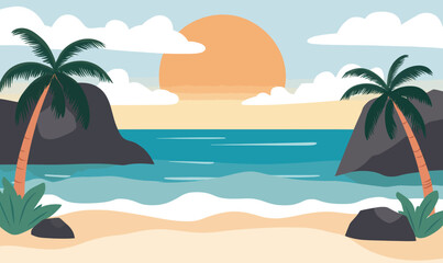 Fototapeta premium Tropical Beach Sunset with Rocks and Palm Trees in Minimalist SVG Vector Style