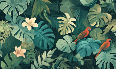 Tropical Jungle Minimalist Vector with Parrots and Leaves Background