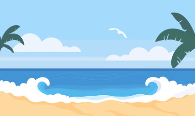 Fototapeta premium Minimalist Summer Beach Scene with Sandy Shore and Blue Ocean Waves in Vector Art