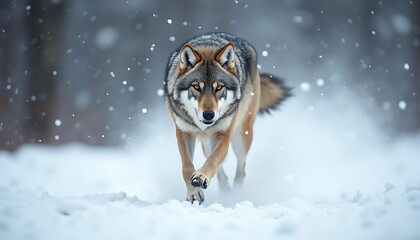 Wolf Walking Through Snowy Winter Forest with Falling Snowflakes