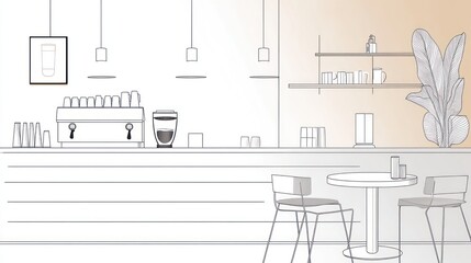 Modern cafe interior sketch, coffee bar, customers, simple design, interior background