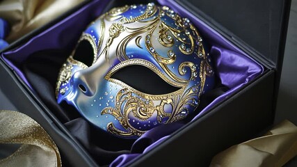 Blue and gold mask in box. Gift box with masquerade mask. A dark colored mask with a dark background. A mask in blue and gold placed in a box lifestyle.