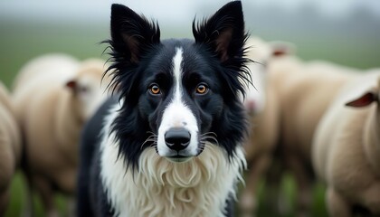 Fototapeta premium Border Collie Herding Sheep on Misty Farm Portrait Close Up