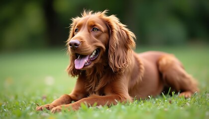 Happy Dog Resting Outdoors on Grass Enjoying Nature's Serene Ambience