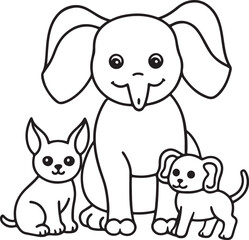 Obraz premium A kids' coloring page showcasing a vector silhouette of an elephant alongside two playful cats