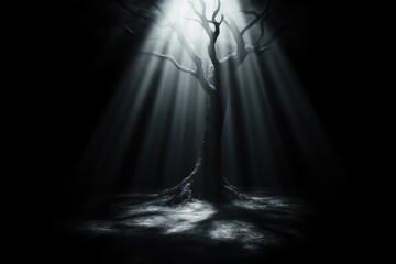 Ancient, illuminated tree in a dark forest
