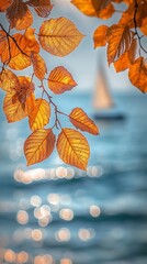 Autumn leaves frame a distant sailboat on shimmering blue waters