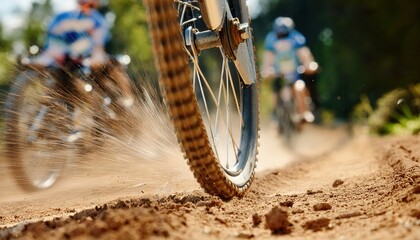 Naklejka premium close-up of mountain bike tire kicking up dirt on rugged trail, dynamic action shot with motion blur, competitive race focus