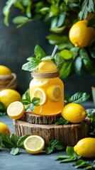 Refreshing lemonade in mason jar, garnished with lemon slices and mint, surrounded by lemons and greenery