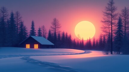 Obraz premium Winter cabin sunset snowy forest path