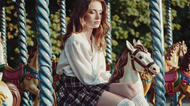 cinematic mid-shot of a young woman sitting on the edge of an old-fashioned carousel, lost in thought. She wears a classic schoolgirl outfit 