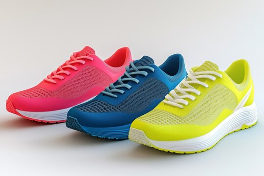 Three sports shoes of the same model and different colors.