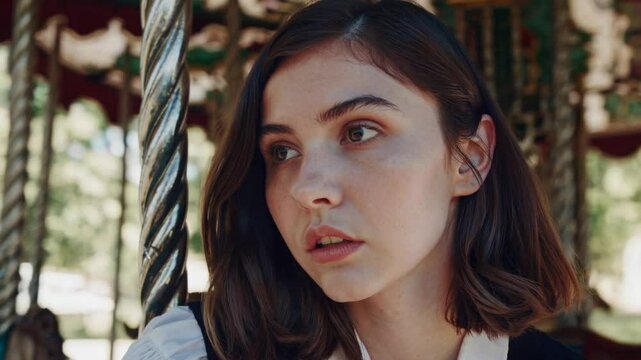 cinematic mid-shot of a young woman sitting on the edge of an old-fashioned carousel, lost in thought. She wears a classic schoolgirl outfit 