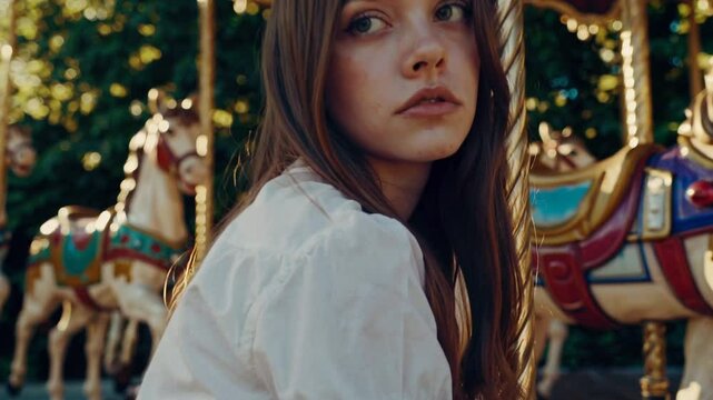 cinematic mid-shot of a young woman sitting on the edge of an old-fashioned carousel, lost in thought. She wears a classic schoolgirl outfit 
