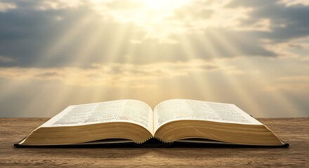 Open Book on Wooden Table with Sunlight Rays Shining From Sky
