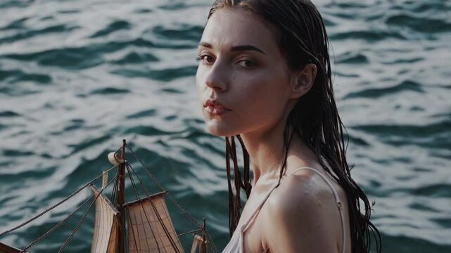 cinematic mid-shot of a young woman sitting at the edge of the sea, cradling an intricate wooden sailing ship in her arms.  