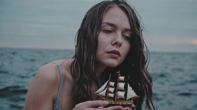 cinematic mid-shot of a young woman sitting at the edge of the sea, cradling an intricate wooden sailing ship in her arms.  