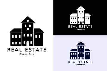 silhouette hotel building tower, icon, and vector logo for historical place, ancient, tourism, vacation, property agency, builders, apartment, flat, construction, real estate and more