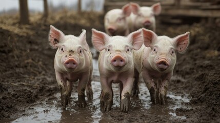 Adorable Piglets in Mud Puddle Farm Scene