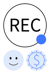 Circular REC icon with recording dot, happy face, and dollar coin represent recording, positivity, and financial focus. Ideal for media, podcasts, finance, digital apps productivity monetization