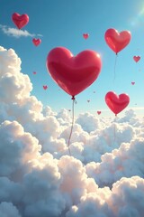 Heart-filled clouds drifting in the air with balloons, cloud, peaceful