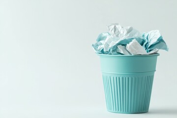 Minimalist Blue Trash Can with Crumpled Papers