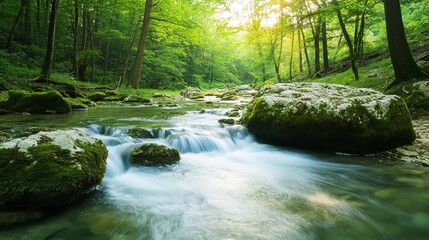 Obraz premium Serene Forest Stream Flowing Gently Over Moss-covered Rocks Bathed In Soft Sunlight Filtering Through Lush Green Trees