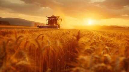 Vast wheat farm in the United States with modern combine harvesters working in sync under a golden sunset showcasing large scale commercial agriculture for global food markets