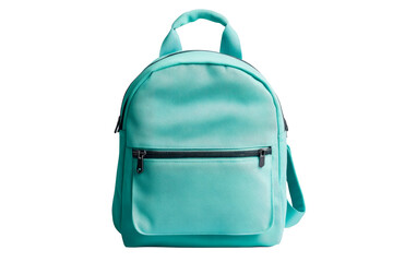 Aqua-colored backpack with zipper and pocket, accessories, cut out transparent
