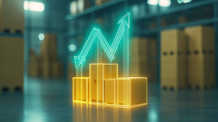 Warehouse Growth: Illuminated bar chart and rising arrow overlays, with stacks of boxes in a warehouse setting, symbolizing business and e-commerce expansion.